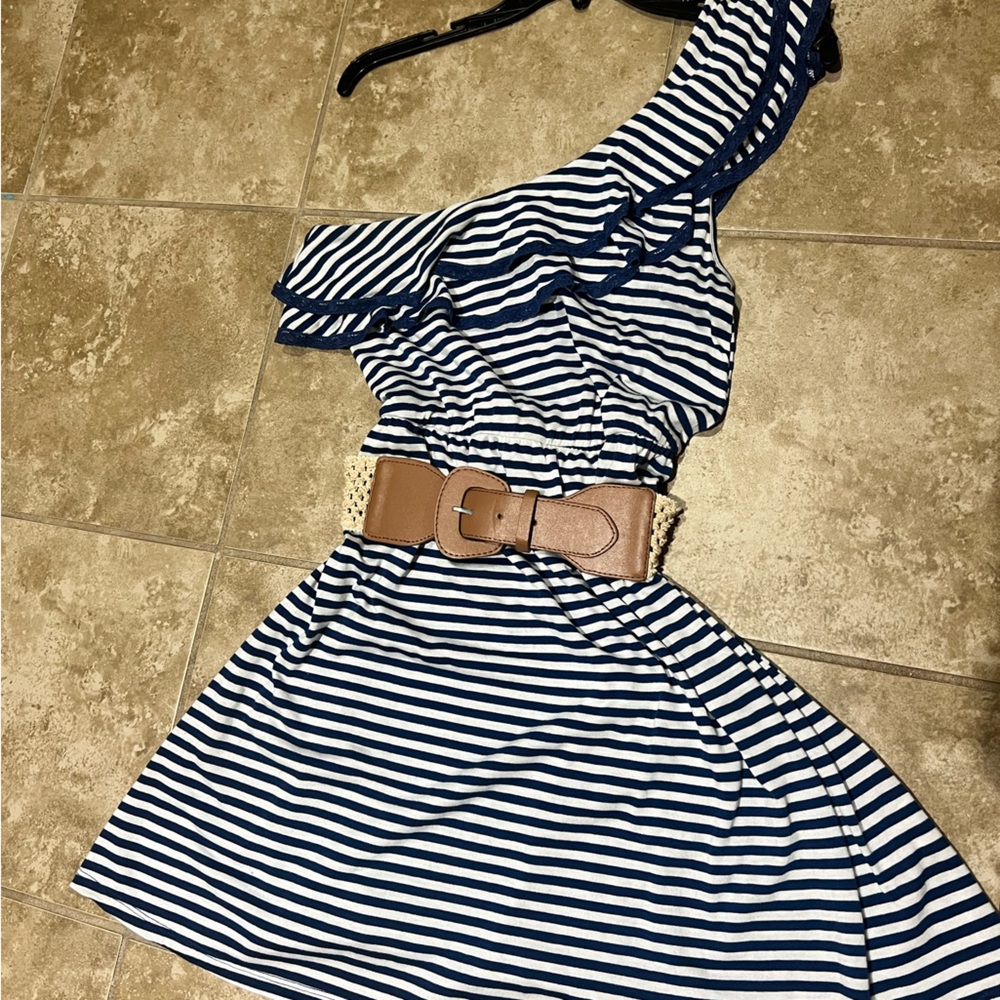 Striped One-Shoulder Dress with Belt